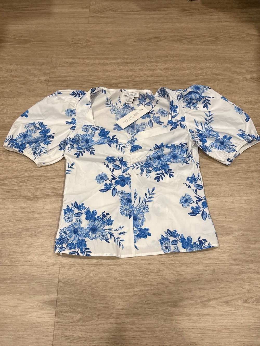 Rachel Zoe White Blouse with Blue Floral Print